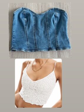 BUNDLE- 2 Stradivarius tops : tube denim + lace spaghetti strap crop top